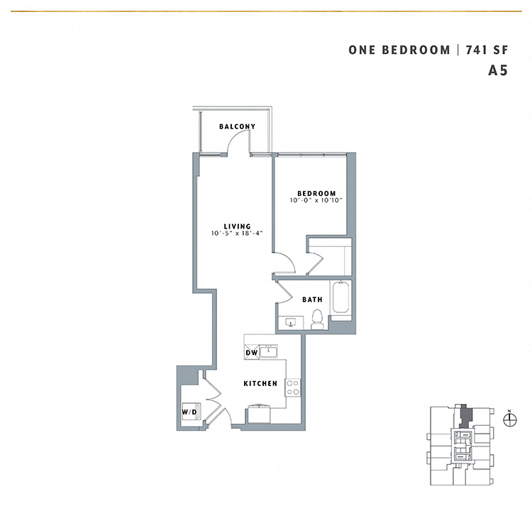 Floor plan for 1 bed, 1 bath, 741 sqft
